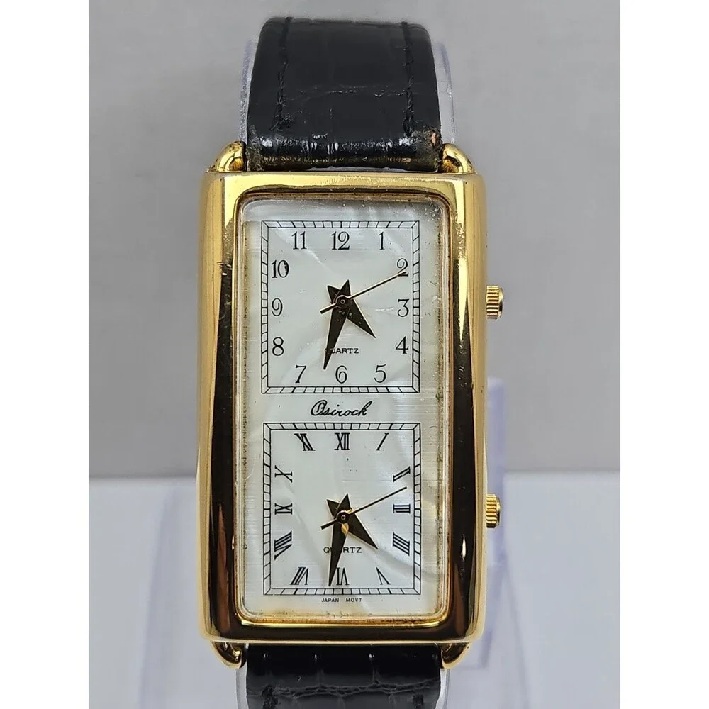 Vintage Osirock Dual Time 26mm Gold Tone Tank Watch Black Leather New Battery